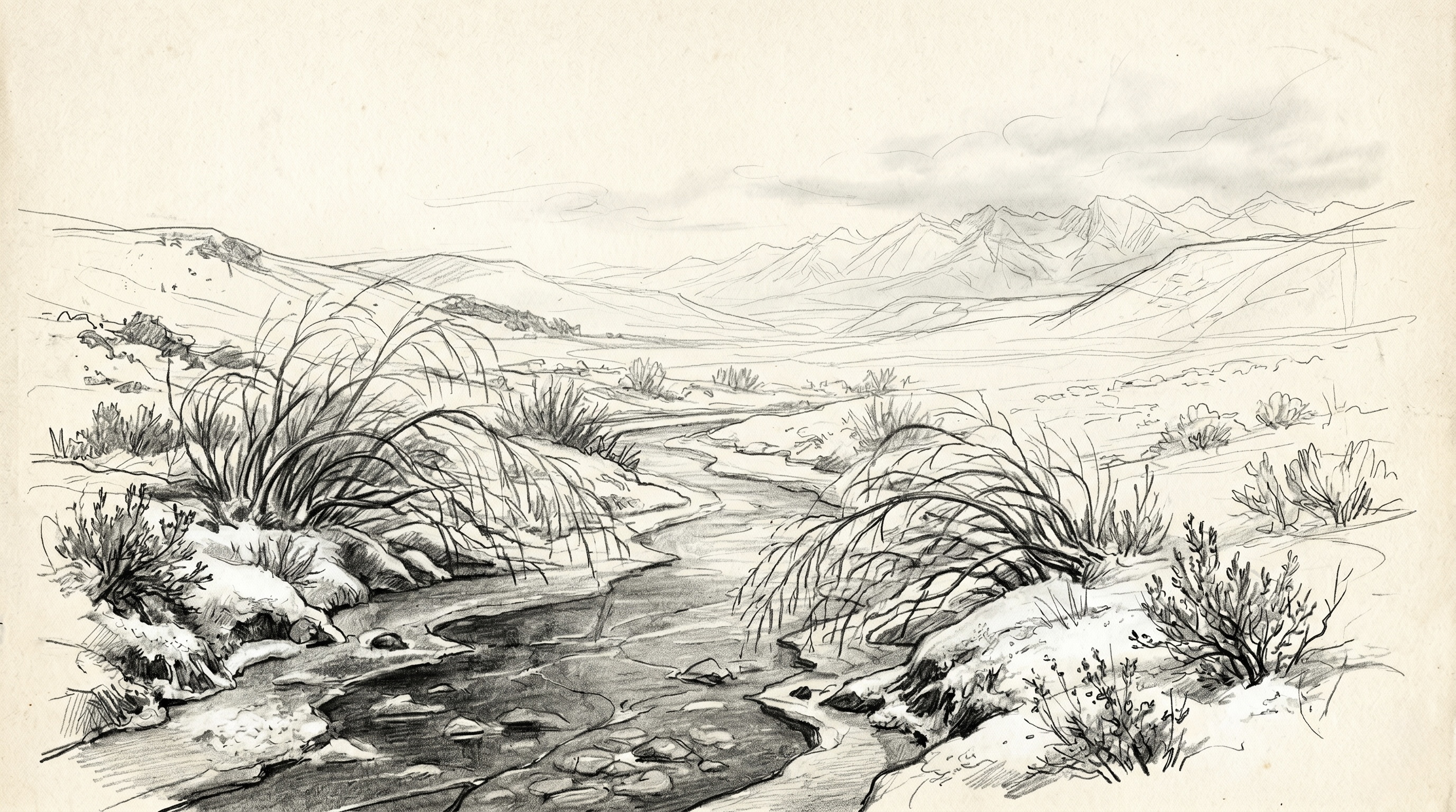 Pencil sketch of a winter creek in an empty Great Basin valley