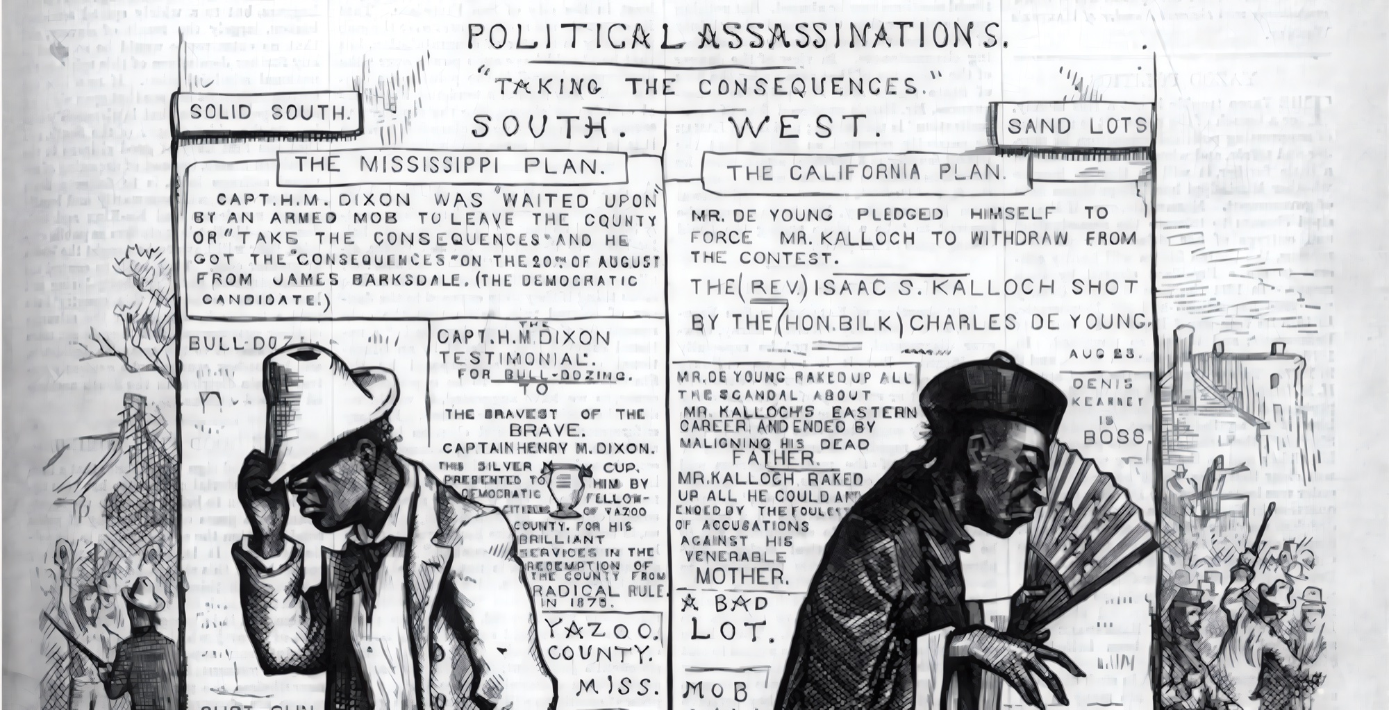 Political cartoon pairing the Mississippi Plan and the California Plan as twin 'Political Assassinations.'